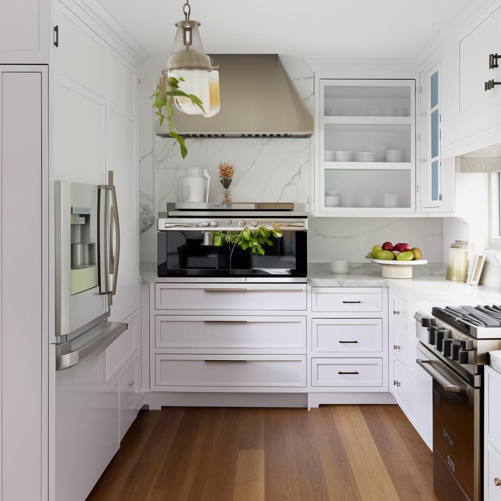 Generate a U or L-shaped kitchen layout with the stove, sink, and refrigerator arranged in an efficient triangle for maximized space use.