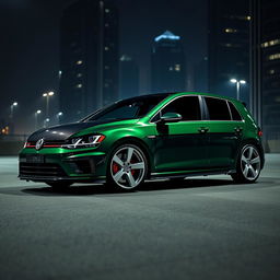 A striking dark green Mk7 Volkswagen Golf R parked in a dimly lit city at night