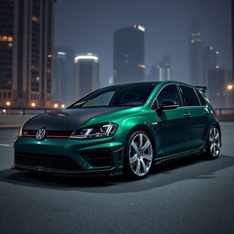 A striking dark green Mk7 Volkswagen Golf R parked in a dimly lit city at night