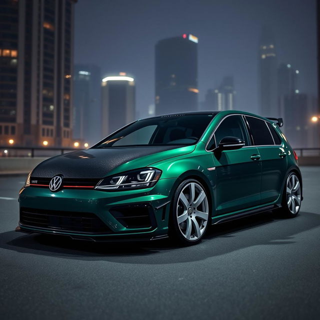 A striking dark green Mk7 Volkswagen Golf R parked in a dimly lit city at night