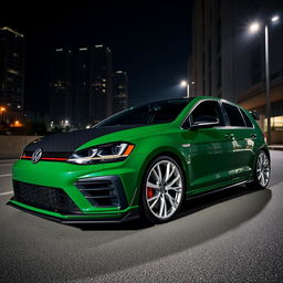 A striking dark green Mk7 Volkswagen Golf R parked in a dimly lit city at night