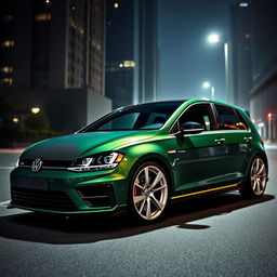 A striking dark green Mk7 Volkswagen Golf R parked in a dimly lit city at night