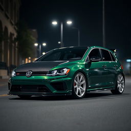 A dark green Mk7 VW Golf R with a fully black carbon fiber hood, featuring black carbon fiber sides on the hood