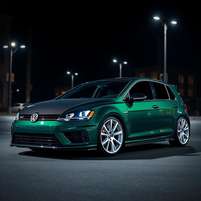 A dark green Mk7 VW Golf R with a fully black carbon fiber hood, featuring black carbon fiber sides on the hood