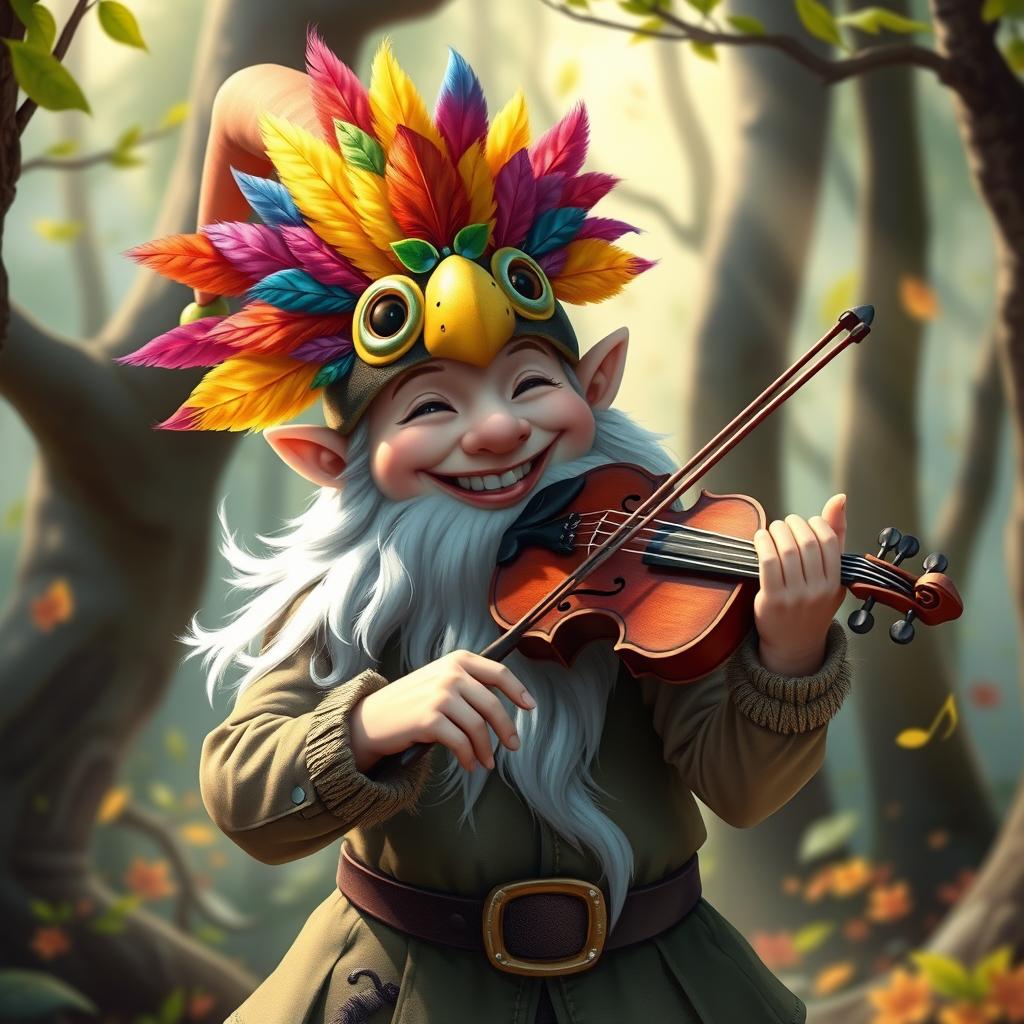 A cheerful gnome bard with a bright smile, wearing a vibrant mask adorned with colorful finch feathers