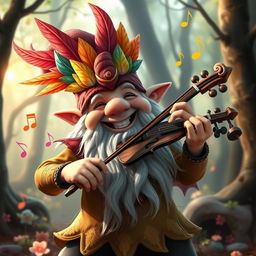 A cheerful gnome bard with a bright smile, wearing a vibrant mask adorned with colorful finch feathers