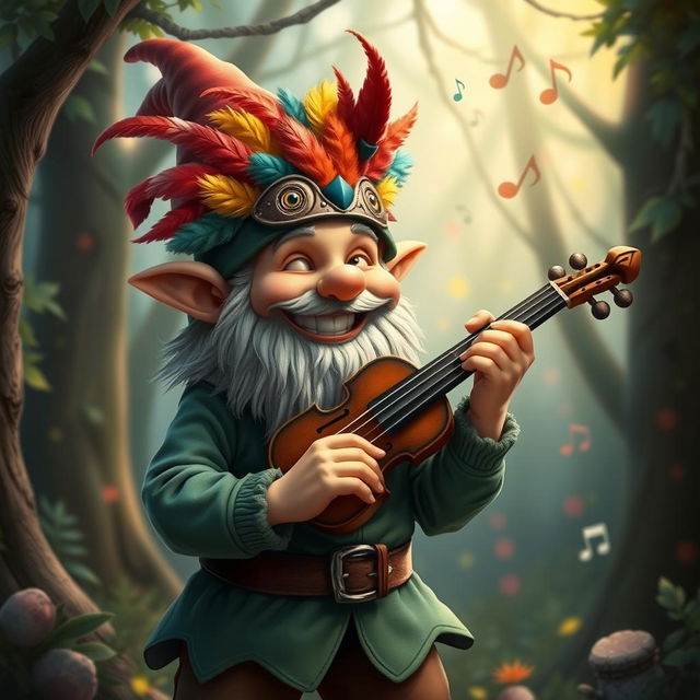 A cheerful gnome bard with a bright smile, wearing a vibrant mask adorned with colorful finch feathers