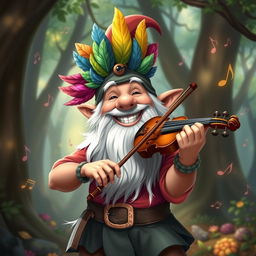 A cheerful gnome bard with a bright smile, wearing a vibrant mask adorned with colorful finch feathers
