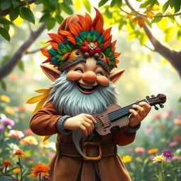 A joyful gnome bard with a delightful expression, wearing a mask that covers his entire face, beautifully adorned with vibrant finch feathers