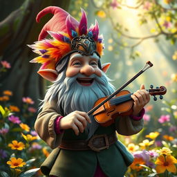 A joyful gnome bard with a delightful expression, wearing a mask that covers his entire face, beautifully adorned with vibrant finch feathers