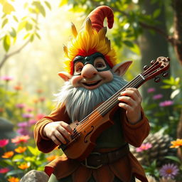 A joyful gnome bard with a delightful expression, wearing a mask that covers his entire face, beautifully adorned with vibrant finch feathers