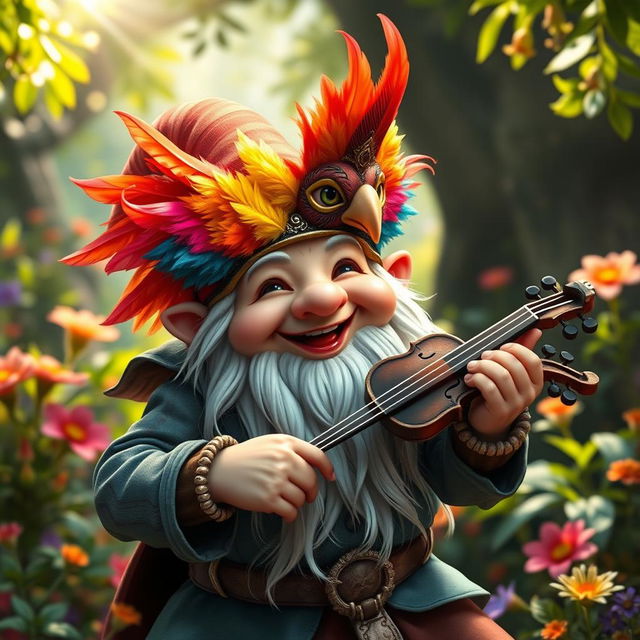 A joyful gnome bard with a delightful expression, wearing a mask that covers his entire face, beautifully adorned with vibrant finch feathers