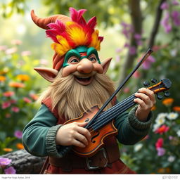 A joyful gnome bard, wearing a colorful face mask adorned with vibrant finch feathers, enthusiastically playing a fiddle