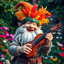 A joyful gnome bard, wearing a colorful face mask adorned with vibrant finch feathers, enthusiastically playing a fiddle