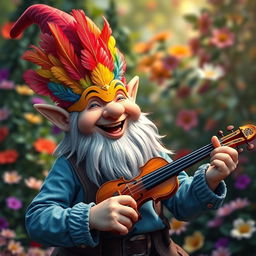 A joyful gnome bard, wearing a colorful face mask adorned with vibrant finch feathers, enthusiastically playing a fiddle