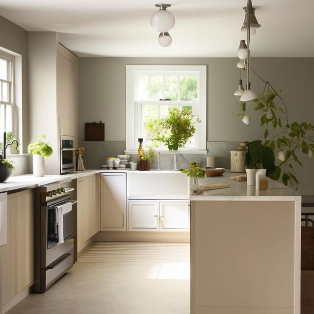 Generate a U or L-shaped kitchen layout with the stove, sink, and refrigerator arranged in an efficient triangle for maximized space use.