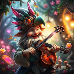 A whimsical fantasy scene featuring a gnome bard wearing a beautifully crafted bird mask