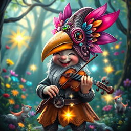 A whimsical fantasy scene featuring a gnome bard wearing a beautifully crafted bird mask