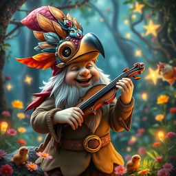 A whimsical fantasy scene featuring a gnome bard wearing a beautifully crafted bird mask