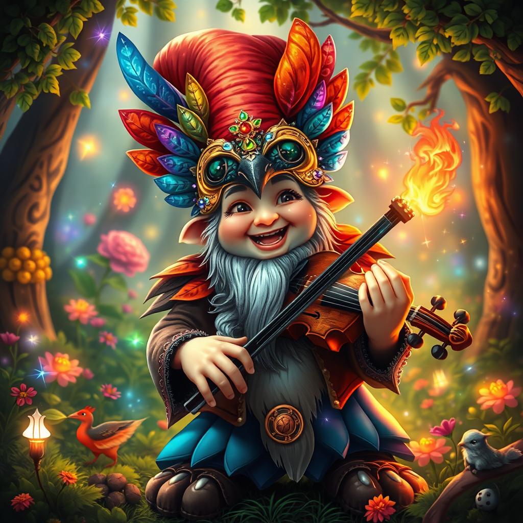 A whimsical fantasy scene featuring a gnome bard wearing a beautifully crafted bird mask