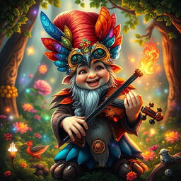 A whimsical fantasy scene featuring a gnome bard wearing a beautifully crafted bird mask