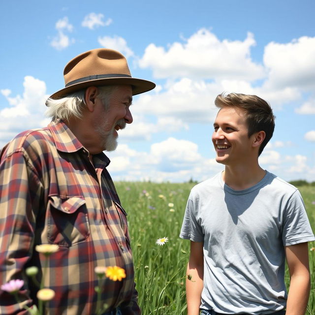 An outdoor scene in a lush green field, featuring an old man with gray hair and wrinkles engaging in a friendly conversation with a young man sporting a youthful appearance