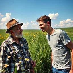 An outdoor scene in a lush green field, featuring an old man with gray hair and wrinkles engaging in a friendly conversation with a young man sporting a youthful appearance