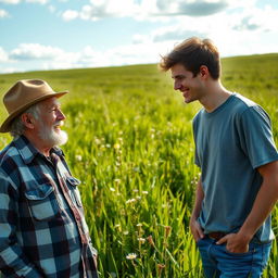 An outdoor scene in a lush green field, featuring an old man with gray hair and wrinkles engaging in a friendly conversation with a young man sporting a youthful appearance