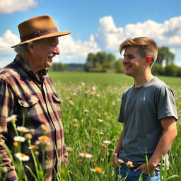An outdoor scene in a lush green field, featuring an old man with gray hair and wrinkles engaging in a friendly conversation with a young man sporting a youthful appearance