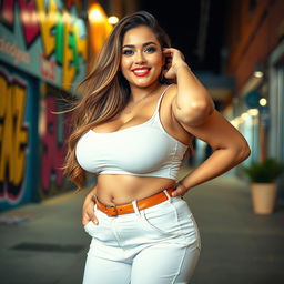 A voluptuous woman with large breasts, confidently posing in a trendy, stylish outfit that accentuates her figure