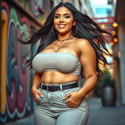 A voluptuous woman with large breasts, confidently posing in a trendy, stylish outfit that accentuates her figure