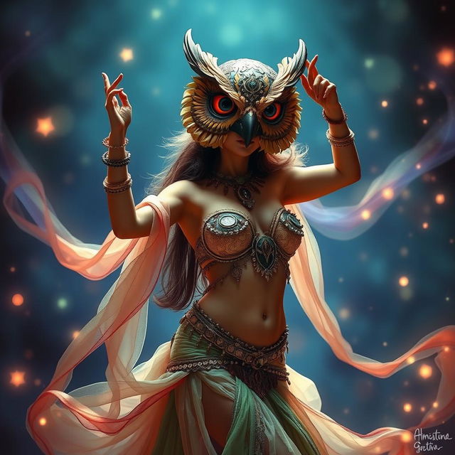 A captivating fantasy scene featuring a belly dancer gracefully performing while wearing an elaborate owl mask