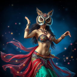 A captivating fantasy scene featuring a belly dancer gracefully performing while wearing an elaborate owl mask