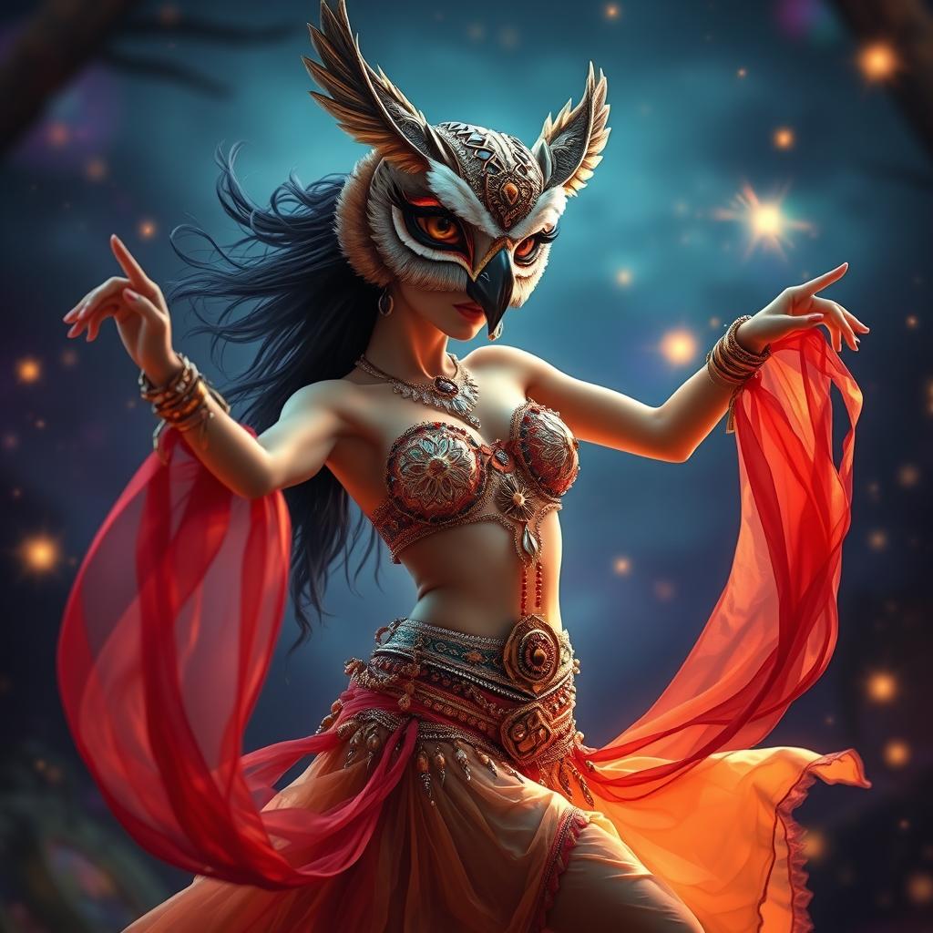 A captivating fantasy scene featuring a belly dancer gracefully performing while wearing an elaborate owl mask