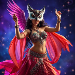 A captivating fantasy scene featuring a belly dancer gracefully performing while wearing an elaborate owl mask