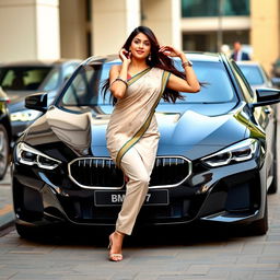 An elegant Indian woman, portraying a bhabhi, playfully poses in front of a sleek black BMW car