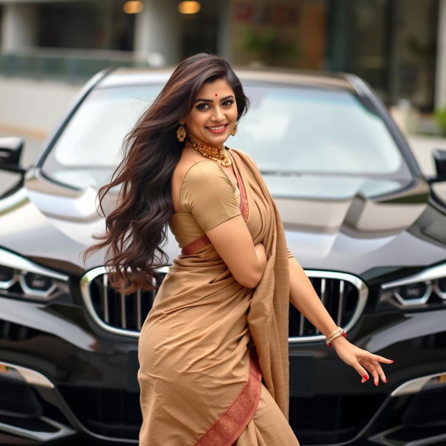 An elegant Indian woman, portraying a bhabhi, playfully poses in front of a sleek black BMW car