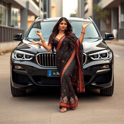 An elegant Indian woman, portraying a bhabhi, playfully poses in front of a sleek black BMW car