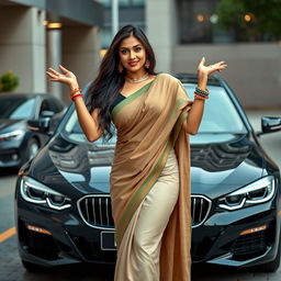 An elegant Indian woman, portraying a bhabhi, playfully poses in front of a sleek black BMW car