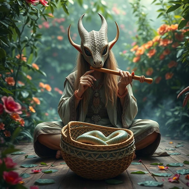 A mesmerizing scene featuring an elven man dressed as a snake charmer, wearing an intricately designed serpent mask