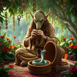 A mesmerizing scene featuring an elven man dressed as a snake charmer, wearing an intricately designed serpent mask