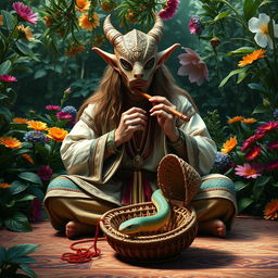 A mesmerizing scene featuring an elven man dressed as a snake charmer, wearing an intricately designed serpent mask