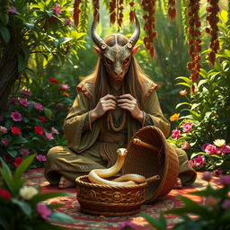 A mesmerizing scene featuring an elven man dressed as a snake charmer, wearing an intricately designed serpent mask