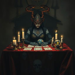 An intriguing scene featuring a drow fortune teller sitting behind a low, richly velvet-covered table adorned with mystical symbols and candles