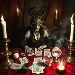 An intriguing scene featuring a drow fortune teller sitting behind a low, richly velvet-covered table adorned with mystical symbols and candles