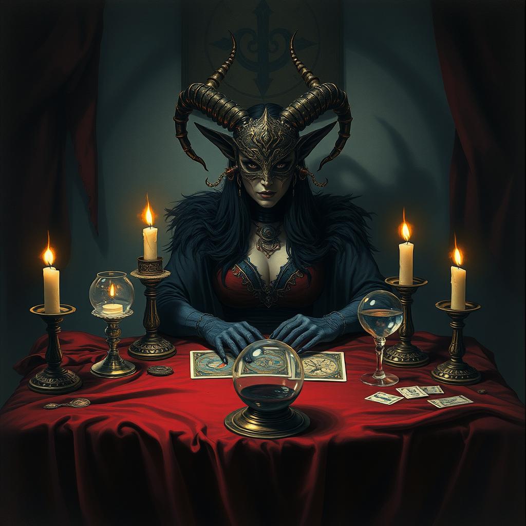 An intriguing scene featuring a drow fortune teller sitting behind a low, richly velvet-covered table adorned with mystical symbols and candles