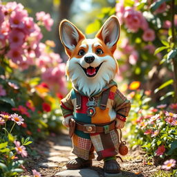 A whimsical fantasy scene featuring a cheerful halfling wearing a comical corgi mask, bringing a playful vibe to the atmosphere