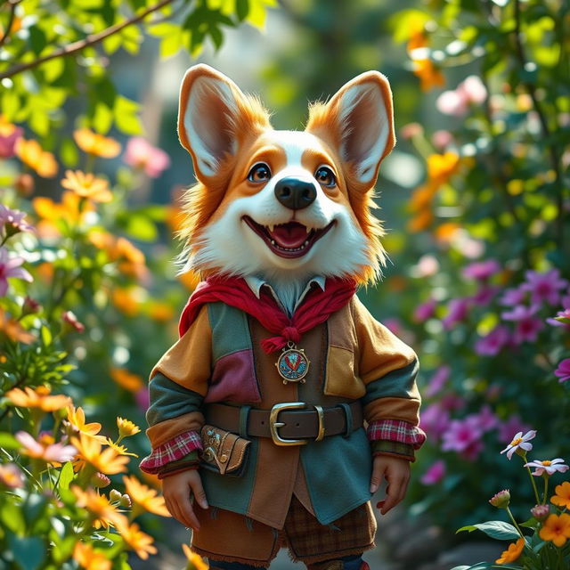 A whimsical fantasy scene featuring a cheerful halfling wearing a comical corgi mask, bringing a playful vibe to the atmosphere