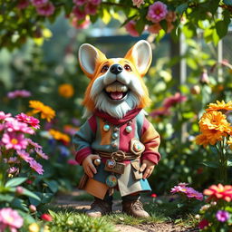 A whimsical fantasy scene featuring a cheerful halfling wearing a comical corgi mask, bringing a playful vibe to the atmosphere