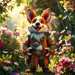 A whimsical fantasy scene featuring a cheerful halfling wearing a comical corgi mask, bringing a playful vibe to the atmosphere
